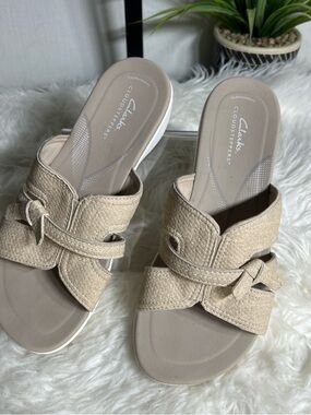 Clarks Beige Linen-Style Slide Mules